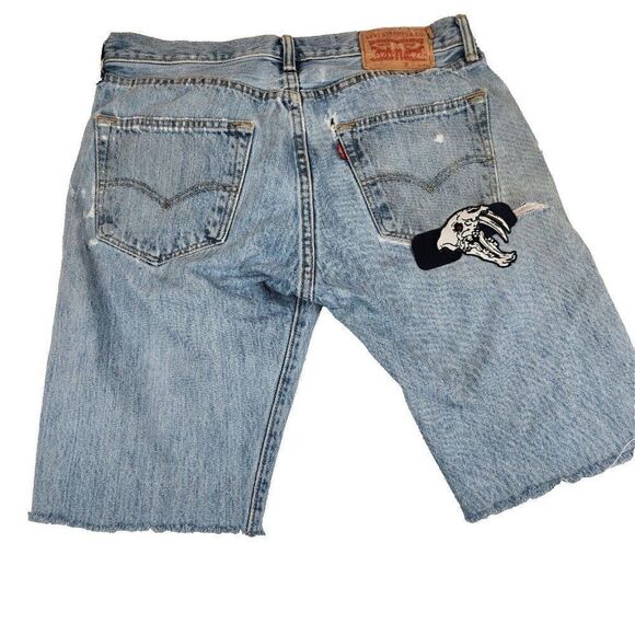 Levi's 501 Button Fly Cut Off Jean Shorts Mens 31 Blue Denim Upcycled Destroyed - Picture 1 of 11